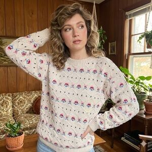 Vintage 1980s 100% Cotton Cream Sweater with Red and Blue Pattern